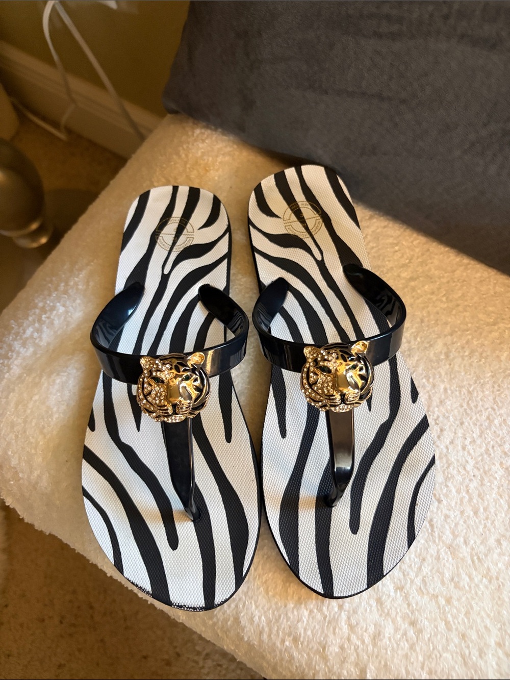 Reserved Black & White Zebra-Print Sandals with Gold Tiger Accent